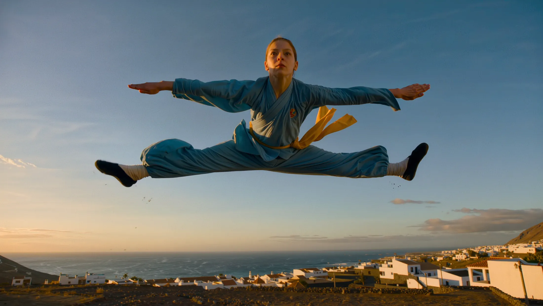 Vovinam practitioner performing a flying scissor kick above Garachico at sunset