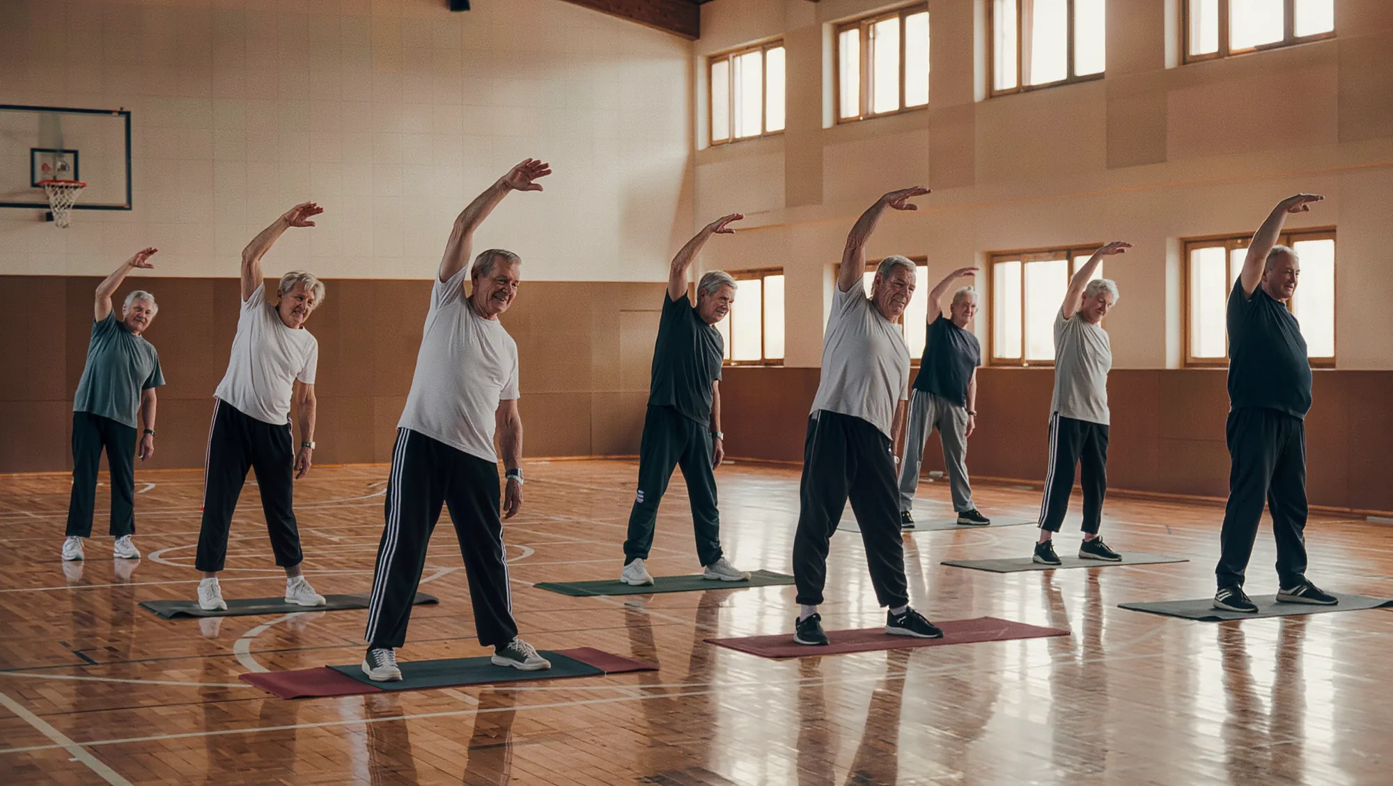 Adult maintenance gymnastics class in the municipal sports hall in Garachico